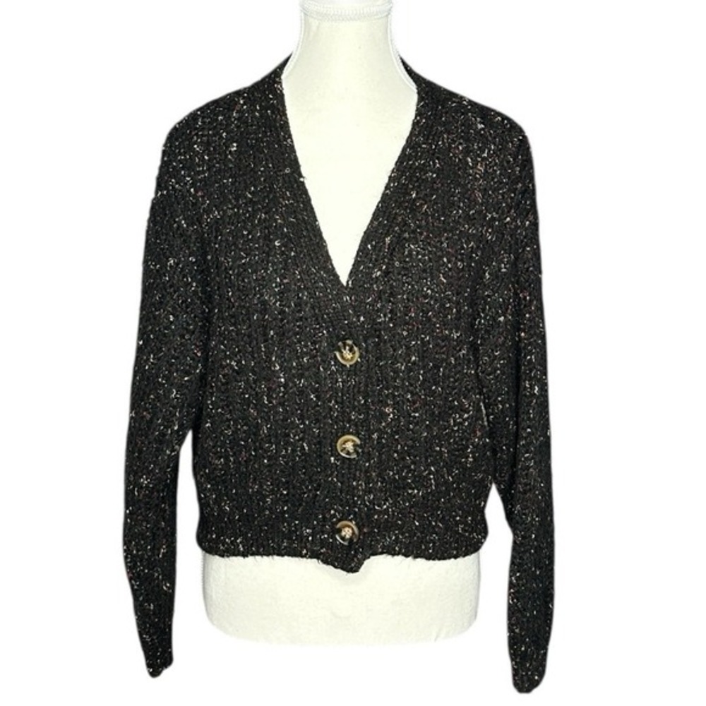 Cotton On Womens Charcoal Speckled Chunky Knit Cropped V-Neck Cardigan Sweater S